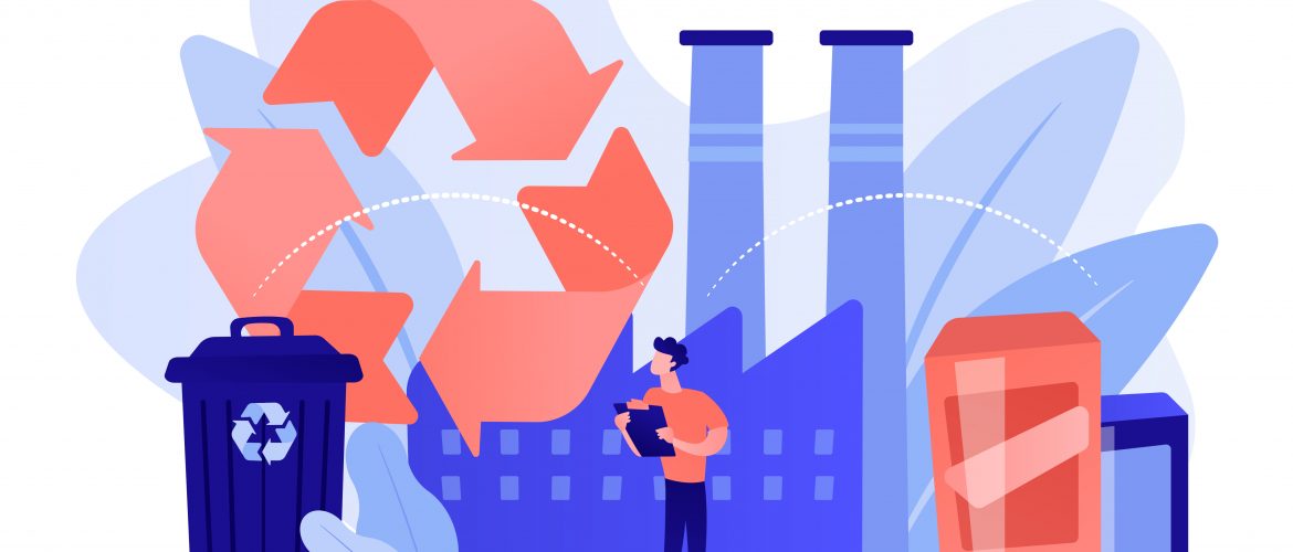 Ilustração em rosa e azul de gerenciamento de resíduos de uma indústria.